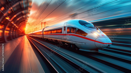 High-Speed Maglev Trains in motion, long exposure shot, futuristic design speeding through vibrant landscapes, illuminated by morning sun