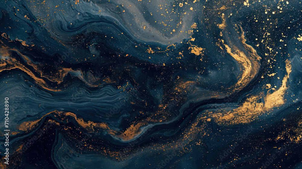 Abstract dark blue background with golden splash as wallpaper illustration - obrazy, fototapety, plakaty 