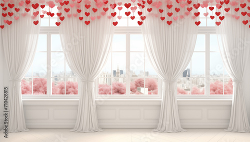 white curtains wih hearts at the top. room window valentine decor photo