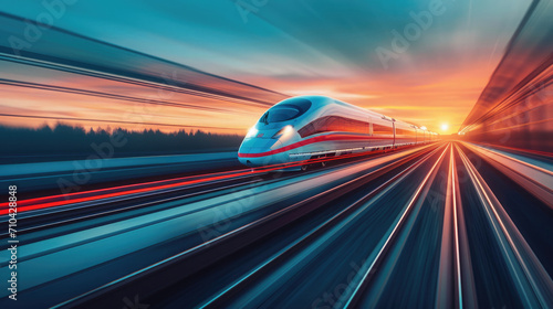 High-Speed Maglev Trains in motion, long exposure shot, futuristic design speeding through vibrant landscapes, illuminated by morning sun photo