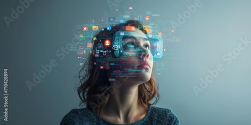 woman look up portrait in vr glasses hologram, glowing virtual headset with connection, earth sphere and lines.