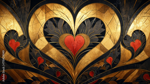 Big golden and red love heart in art deco style design