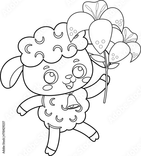 Outlined Cute Little Sheep Cartoon Character Walking And Holding A Flower. Vector Hand Drawn Illustration Isolated On Transparent Background
