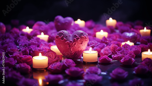 purple heart with purple flowers and candles,romantic decor photo