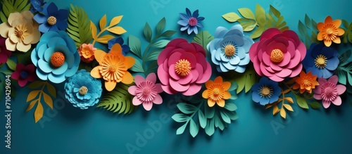 Multicolored paper cut flowers with green leaves, copy space on blue background. Generate AI image photo