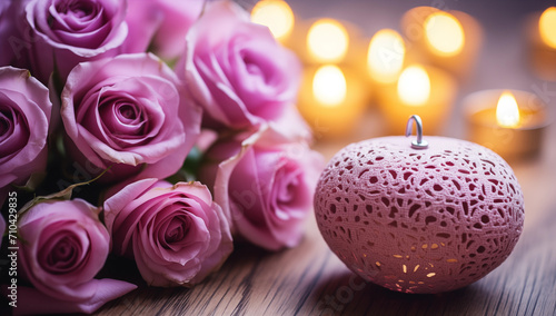 pink romantic decor and roses with bured candle background photo