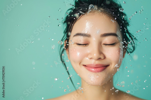 healthy hydrated face skin. skin care and moisturizing concept. smiling asian woman with eyes closed and water splash around the face on light green background with copy space photo