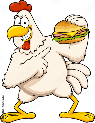 Cute Chicken Rooster Cartoon Character Present Best Cheeseburger. Vector Hand Drawn Illustration Isolated On Transparent Background