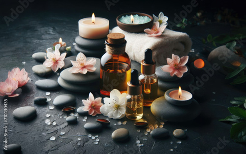 Variety of aroma essential oils in glass bottles with aromatic flowers on texture black background