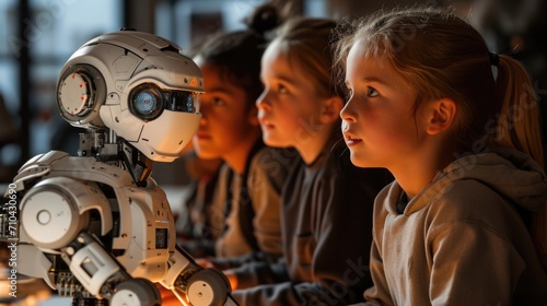 Next-Gen Robotics in Education, kids interacting with advanced robots, classroom lit with soft morning light photo