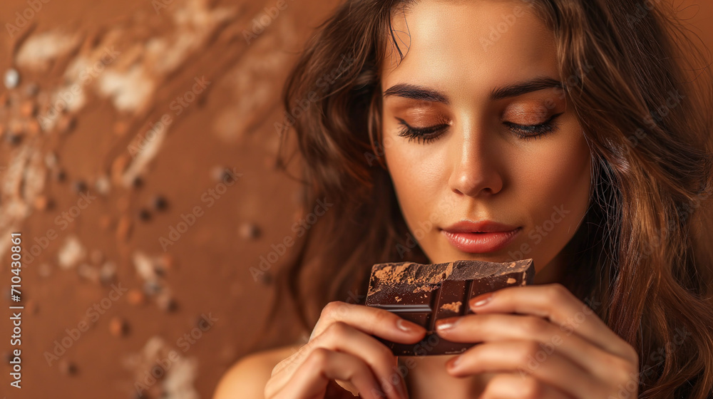 Young woman with chocolate bar and tape measure on brown background