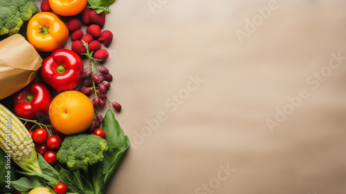 Top view of vegetables and fruits spilling out of a paper bag with space for text