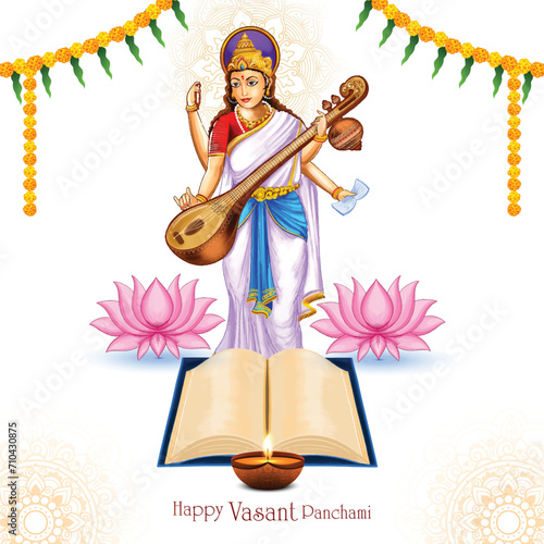 Indian god saraswati maa on vasant panchami religious festival background photo