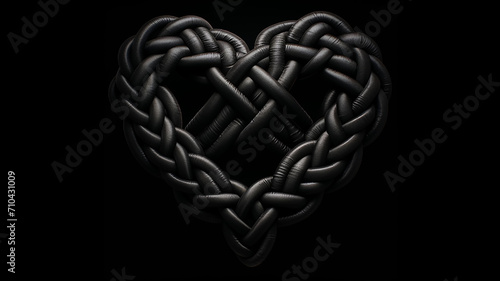 interlacing heart shape braided black leather belt on a black background unusual valentine, psychology addiction photo
