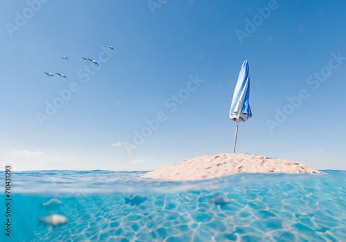 blue and white striped beach umbrella on a small sand island surrounded by clear blue ocean waters with seagulls flying in the sky, remote vacation concept.
