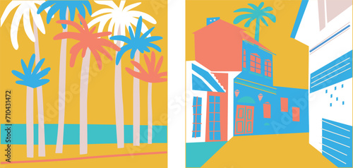 City street road skyscraper buildings view modern cityscape downtown billboard advertising horizontal flat vector illustration