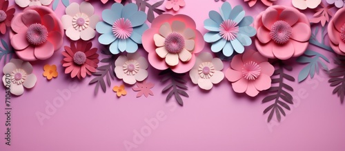 Multicolored paper cut flowers with green leaves, copy space on pink background. Generate AI image © artpray