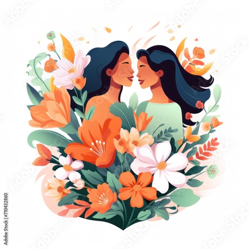 Womens with spring flowers  women equality day on white background. Illustration for International Women s Day.