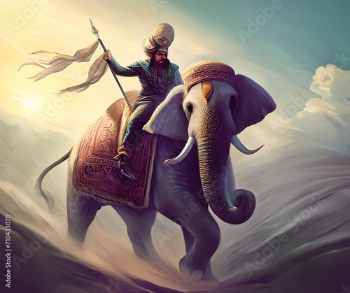 Ancient persian soldier riding an elephant to face the enemy - Digital art photo