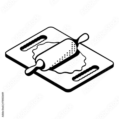 Cutting Board with Roll Pin and Chapati isometric concept, Roti Rolling Board Hand drawn vector, Bakery and Baker drawings, food preparation and Kitchen Utensil Sketch Culinary Doodle illustration