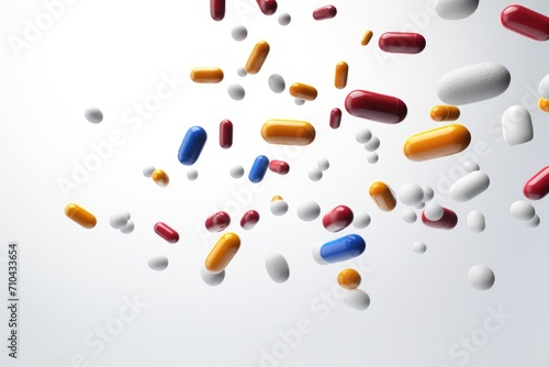 Assorted pills on white background.