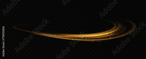 Golden glowing swirl. The effect of moving at the speed of light. Easy trail. Shiny wavy path. Vector.Neon light.	