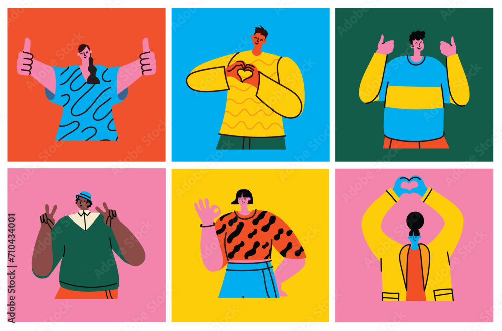 Fototapeta premium Happy positive people. Man and woman team gesturing with hands, fingers. Love, support, solidarity, ok expressions. Flat graphic vector illustration isolated on white background