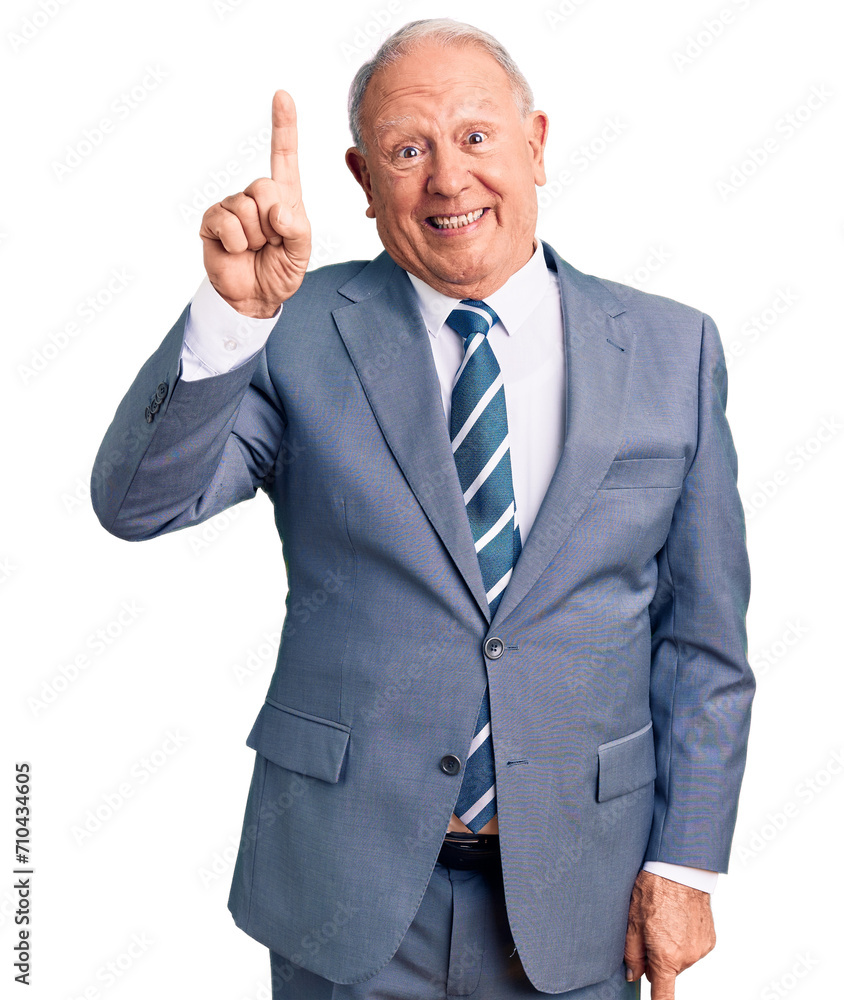 Senior handsome grey-haired man wearing elegant suit pointing finger up with successful idea. exited and happy. number one. Senior handsome grey-haired man wearing elegant suit pointing finger up with successful idea. exited and happy. number one.