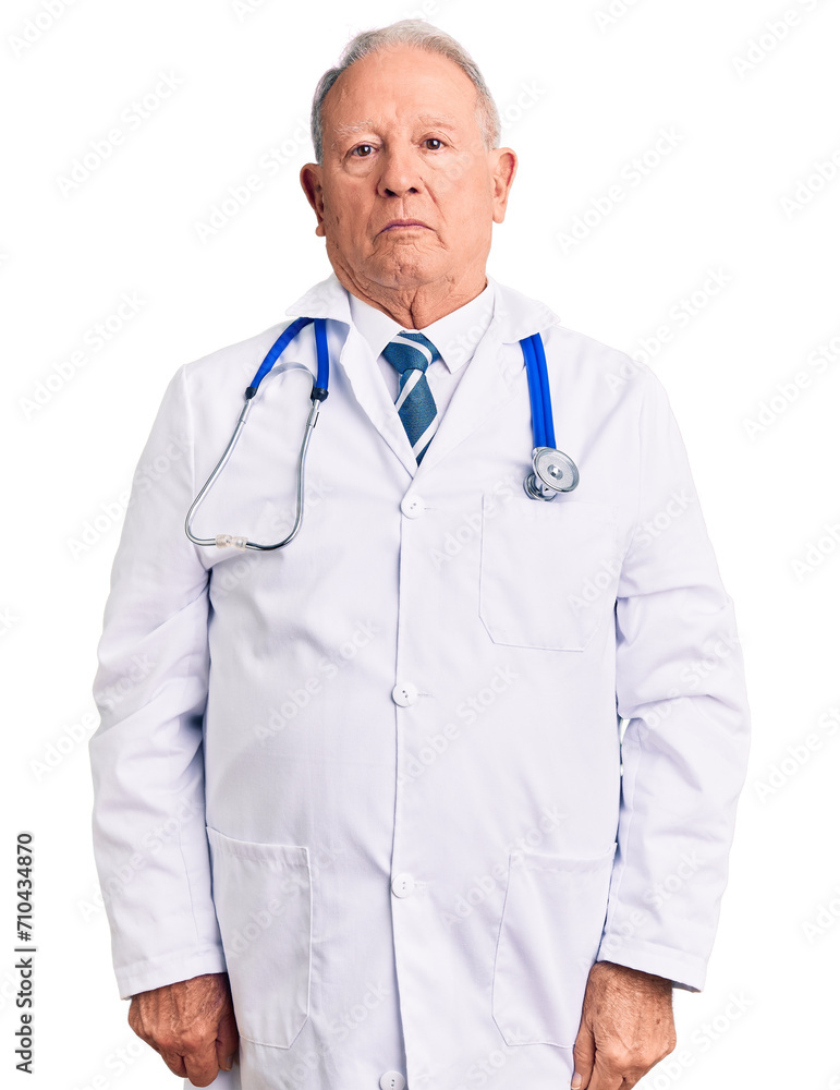 Senior handsome grey-haired man wearing doctor coat and stethoscope relaxed with serious expression on face. simple and natural looking at the camera. Senior handsome grey-haired man wearing doctor coat and stethoscope relaxed with serious expression on face. simple and natural looking at the camera.