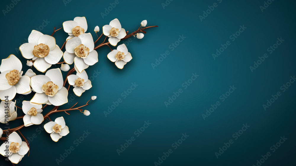 Flower branches made of gold and enamel, copy space, postcard template Flower branches made of gold and enamel, copy space, postcard template
