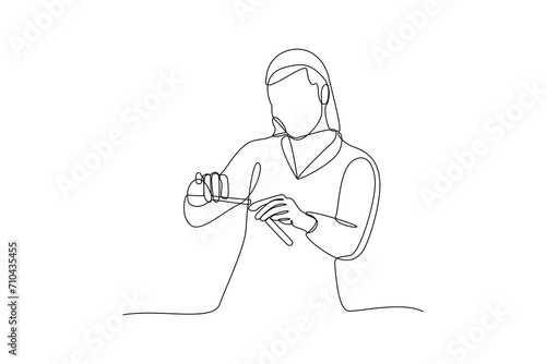 One continuous line drawing of woman at chemistry practice. Simple practice minimalist concept, editable stroke.