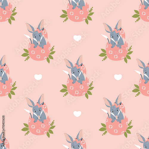 Seamless pattern Easter bilby. Cute Australian animal in egg on pink background. Vector illustration for design, wallpaper, packaging, textile.