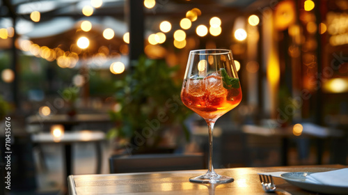 Aperol Spritz cocktail served outside on cafe table  evening lights
