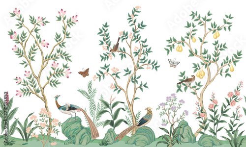 Vintage botanical garden tree, Chinese birds, stone, plant floral seamless border. Exotic chinoiserie mural.