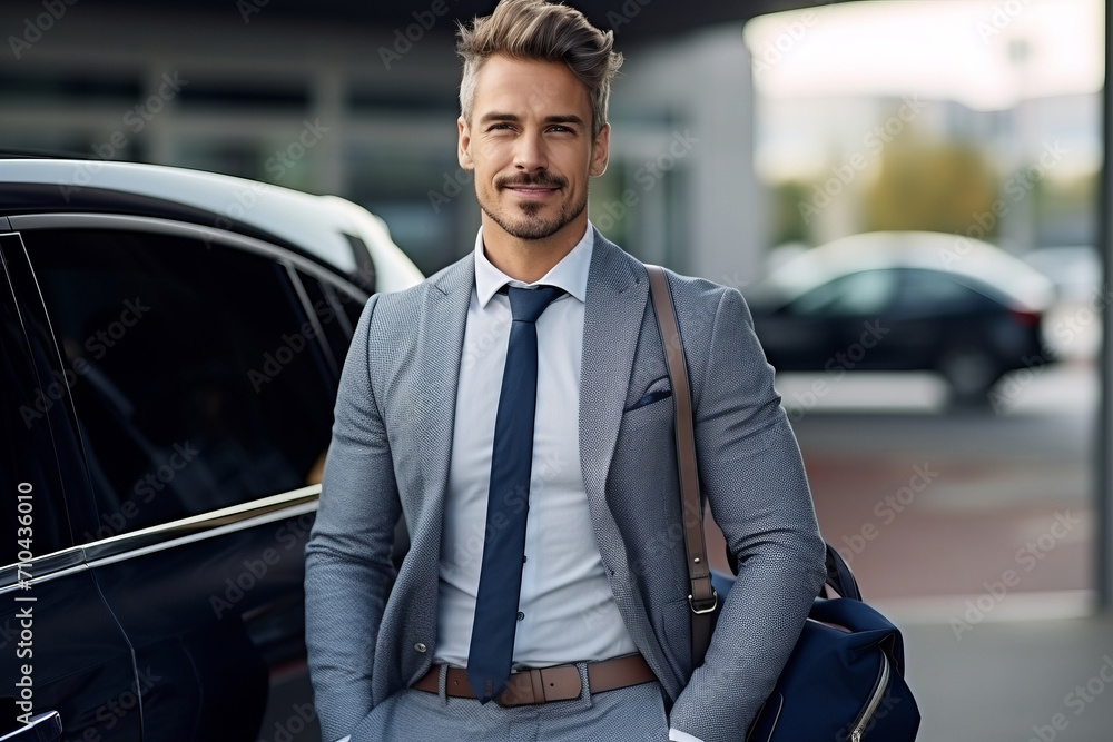 Attractive elegant happy man in good car. Attractive elegant happy man in good car.