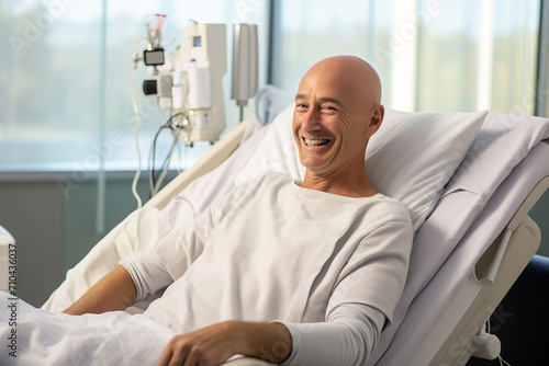 Bald mature man smiling in cancer hospital bed .