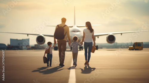 Family in the airport outdoors against big plane