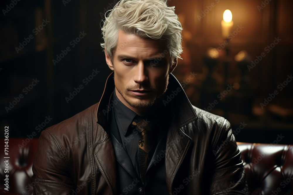 dark-skinned handsome guy with white hair and blue eyes standing on a dark background with a serious facial expression in brown clothes . dark-skinned handsome guy with white hair and blue eyes standing on a dark background with a serious facial expression in brown clothes .