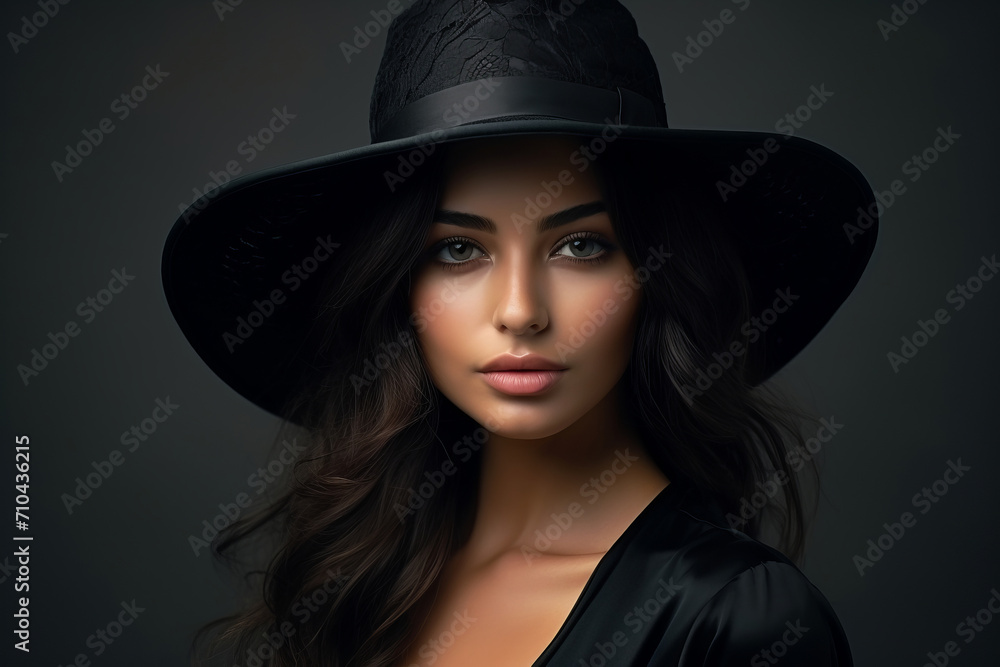 Dramatic dark studio portrait of elegant and sexy young woman in black wide hat and black dress. Dramatic dark studio portrait of elegant and sexy young woman in black wide hat and black dress.