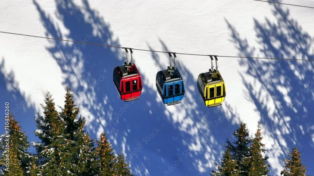 Cable cars moving to the top of a mountain in wintertime. Drone folow shot Cable cars moving to the top of a mountain in wintertime. Drone folow shot