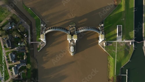 Top aerial view of Hagestein weir in Lek River, Vijfheerenlanden, Utrecht photo