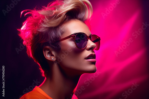 fashion model with sunglasses and hairdo playing in colorful, in the style of neon lighting. © AI_images_for_people