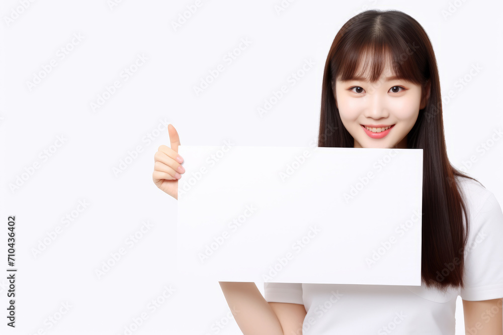 Happy asian scholl girl holding blank white banner sign, isolated studio portrait. Happy asian scholl girl holding blank white banner sign, isolated studio portrait.