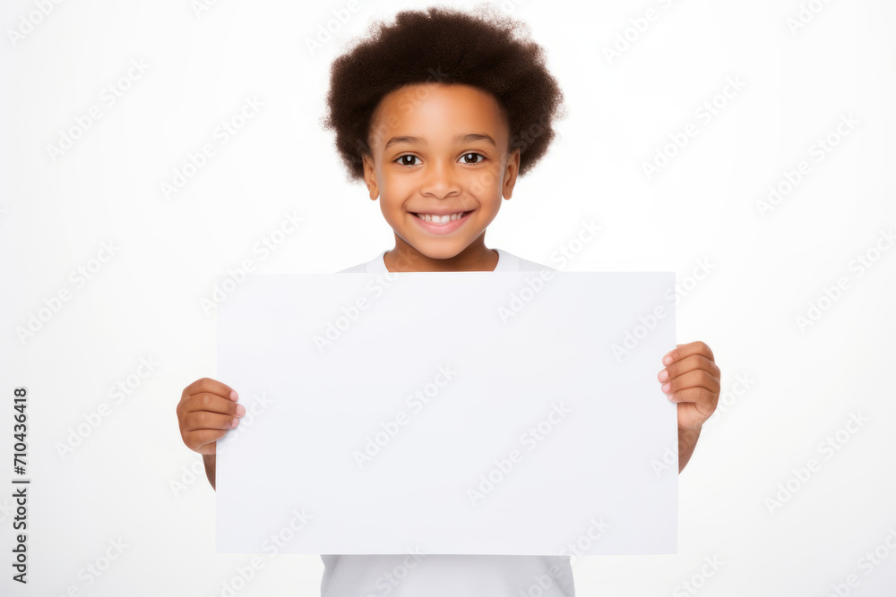 Happy black scholl girl holding blank white banner sign, isolated studio portrait. Happy black scholl girl holding blank white banner sign, isolated studio portrait.