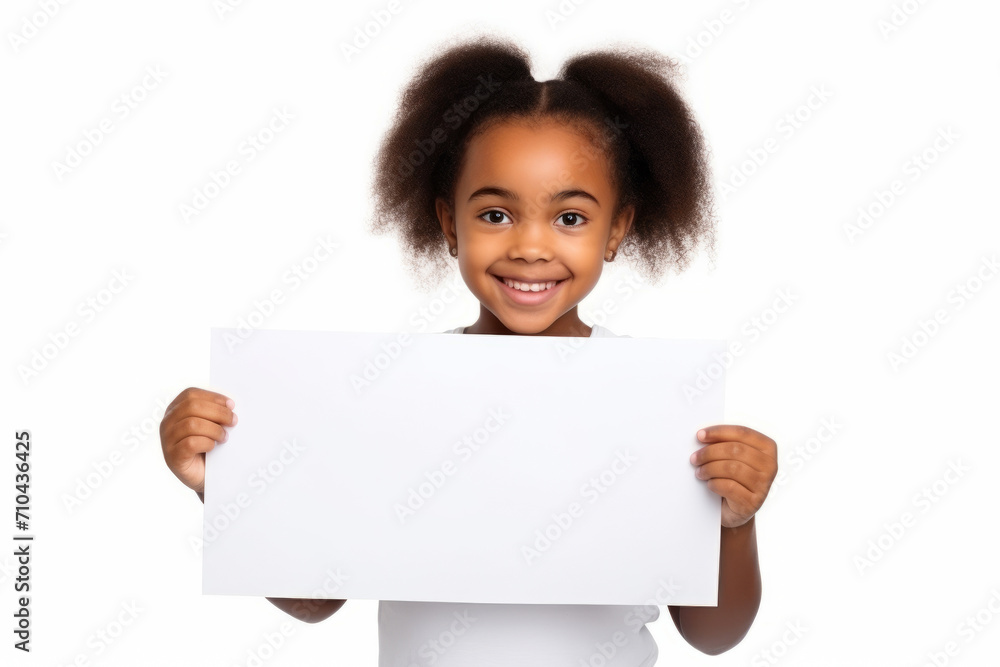 Happy black scholl girl holding blank white banner sign, isolated studio portrait. Happy black scholl girl holding blank white banner sign, isolated studio portrait.