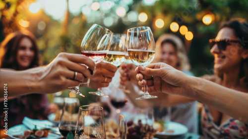 Friends having fun outdoors toasting glasses of wine photo