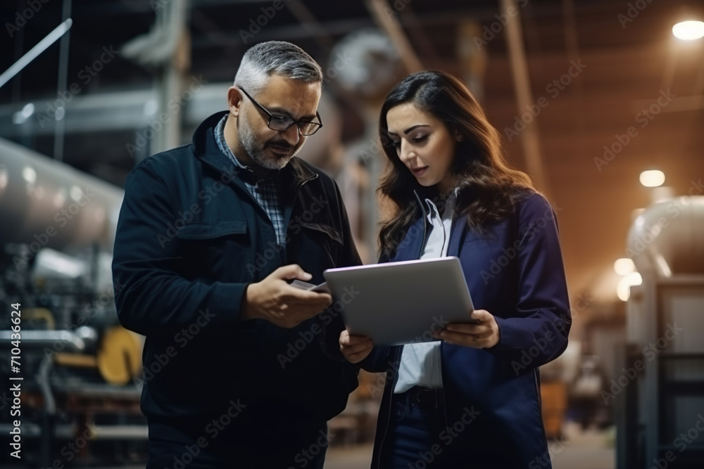 In Technology Research Facility: Female Project Manager Talks With Chief Engineer, they Consult Tablet Computer. In Technology Research Facility: Female Project Manager Talks With Chief Engineer, they Consult Tablet Computer.