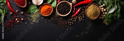 Herbs and spices for cooking on dark background.
