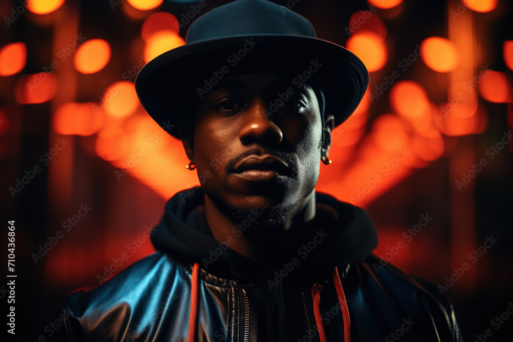 Photo of a black guy in a black hat. On a black background under neon light. Photo of a black guy in a black hat. On a black background under neon light.