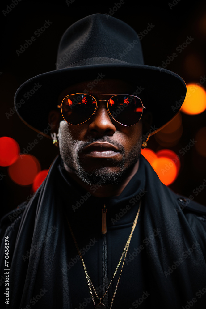 Photo of a black guy in a black hat. On a black background under neon light. Photo of a black guy in a black hat. On a black background under neon light.